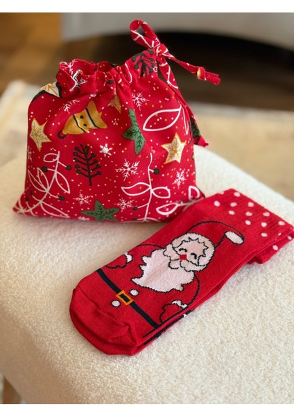 Çan Desenli Noel Temalı Keten Bez Kese ve Puantiyeli Yılbaşı Çorap Seti modelleri
