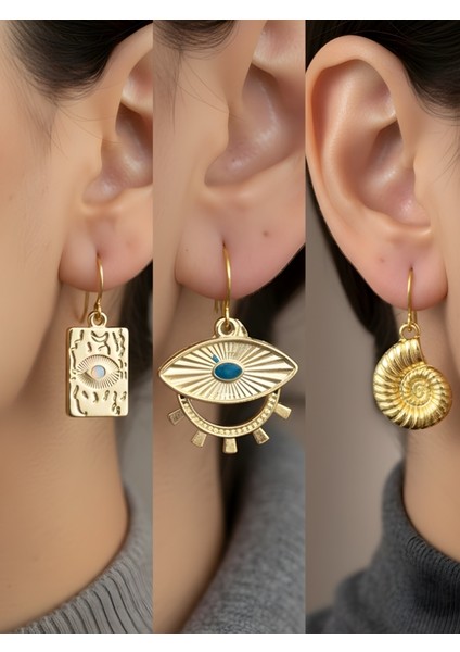 Göz Turkuaz Göz Spiral 3’lü Sembol Kadın Küpe Set