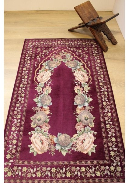 Kınay Mürdüm Jakarlı Dokuma Goblen Dekoratif Astarsız Saçaksız Şönilli Seccade 70*115