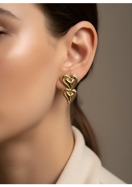 Çift Kalp Form Parlak Gold Vip Küpe | Trend Küpe | Zarif Kadın Küpe