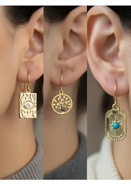 Göz Hayat Ağacı Turkuaz Oval 3’lü Sembol Kadın Küpe Set