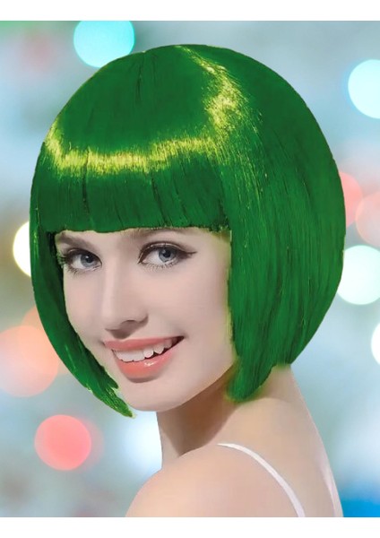 Peruk Küt Saç Kısa Kahküllü 25 cm Yeşil Içi Astarlı Kafayı Saran fırsatları