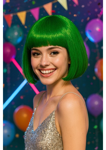 Peruk Küt Saç Kısa Kahküllü 25 cm Yeşil Içi Astarlı Kafayı Saran indirimleri