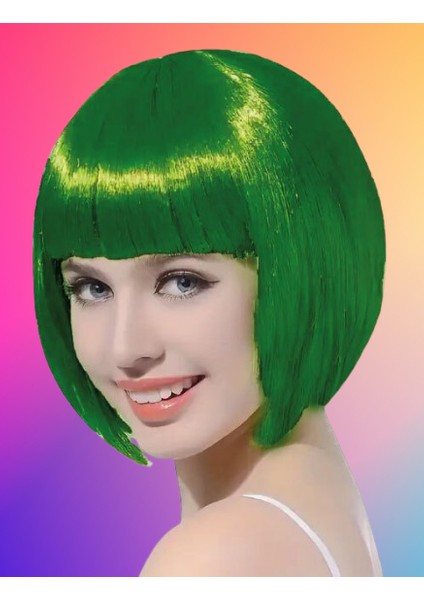 Peruk Küt Saç Kısa Kahküllü 25 cm Yeşil Içi Astarlı Kafayı Saran