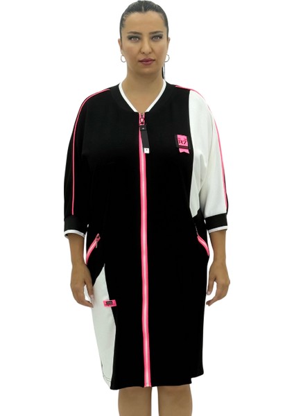 Büyük Beden Viskon Renk Şeritli Cepli Oversize Kadın Elbise