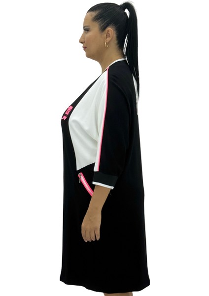 Büyük Beden Viskon Renk Şeritli Cepli Oversize Kadın Elbise modelleri