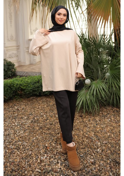 Bej Bisiklet Yaka Oversize Penye Sweat fiyatları