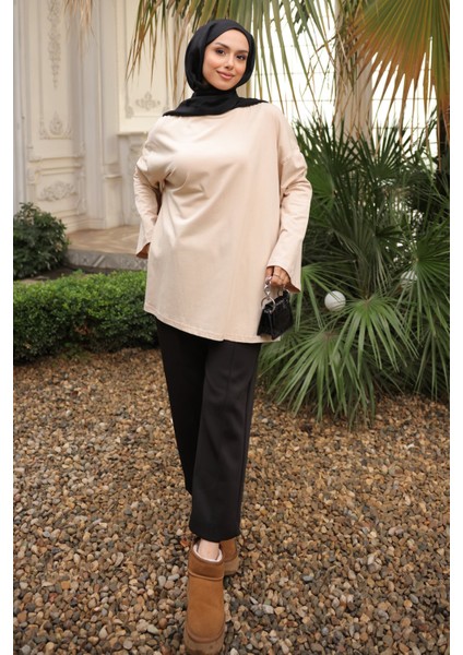 Bej Bisiklet Yaka Oversize Penye Sweat modelleri