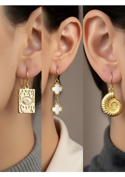 Göz Beyaz Yonca Spiral 3’lü Sembol Kadın Küpe Set