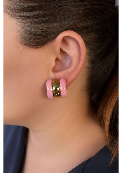 Pembe Halka Küpe Kalın Bombeli Klipsli Kararmaz Gold Rengi Kadın