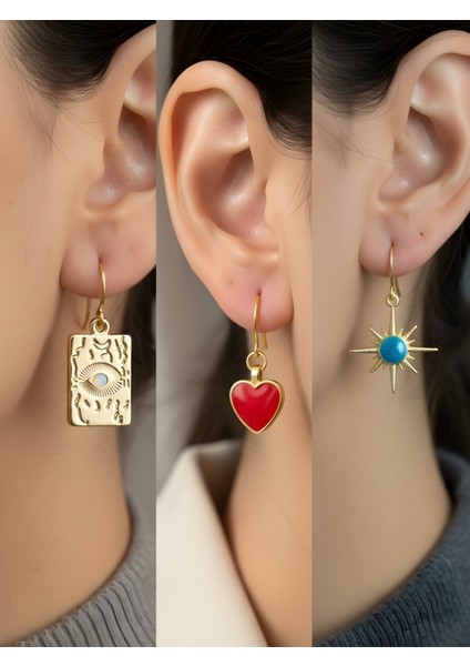 Göz Kırmızı Kalp Mavi Güneş 3’lü Sembol Kadın Küpe Set