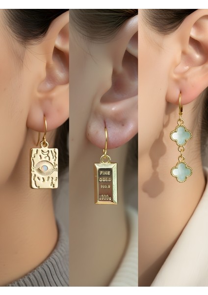 Göz Külçe Mavi Yonca 3’lü Sembol Kadın Küpe Set