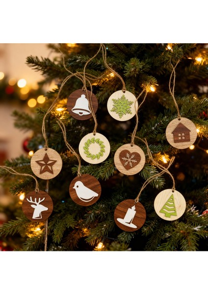 10’lu Ahşap Yılbaşı Ağacı Süsü Seti – 8 Cm, Hasır Ipli Dekoratif Süsler