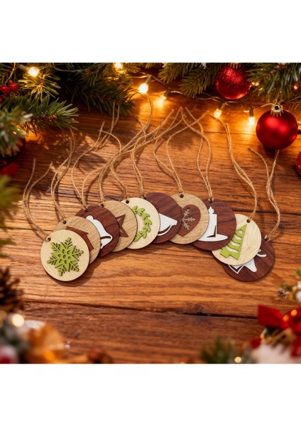 10’lu Ahşap Yılbaşı Ağacı Süsü Seti – 8 Cm, Hasır Ipli Dekoratif Süsler fiyatları