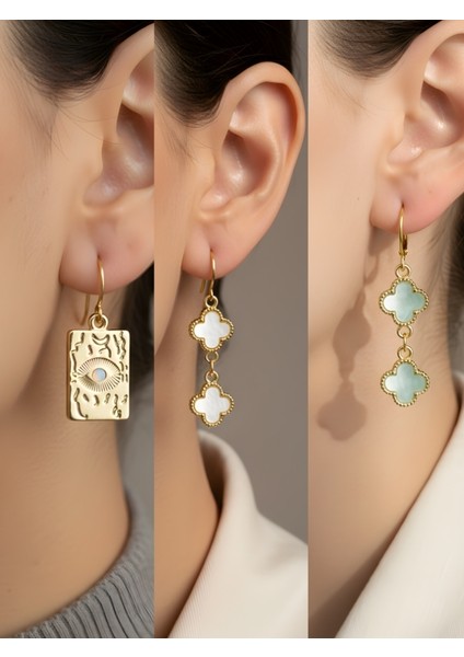 Göz Beyaz Yonca Yeşil Yonca 3’lü Sembol Kadın Küpe Set