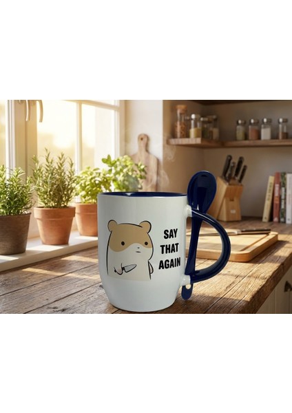 Kaşıklı Şık Tasarımlı Porselen Kupa Bardak | Yelkovanstudio