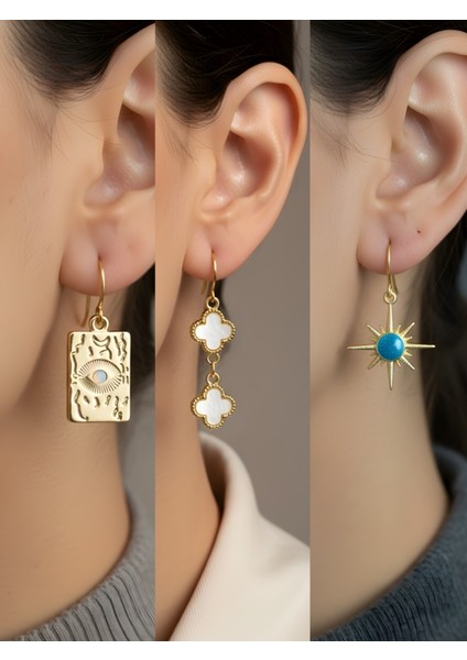 Göz Beyaz Yonca Mavi Güneş 3’lü Sembol Kadın Küpe Set