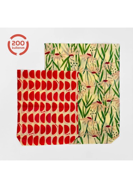 2'li Balmumlu Kese Set - Bahar Desen - Tekrar Kullanılabilen Balmumlu Yiyecek Saklama Kesesi