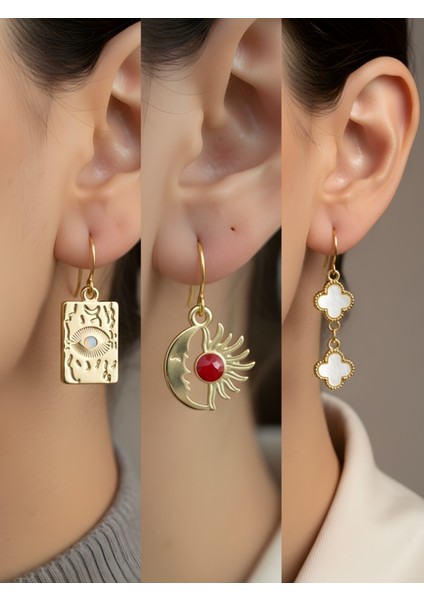 Göz Ay Güneş Yonca 3’lü Sembol Kadın Küpe Set