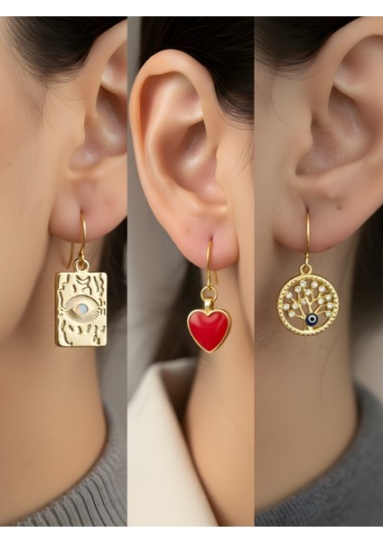 Göz Kırmızı Kalp Hayat Ağacı 3’lü Sembol Kadın Küpe Set