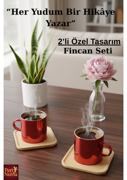 Özel Tasarım 2’li Bambu Altlı Kahve Fincan Takımı Borosilikat Cam