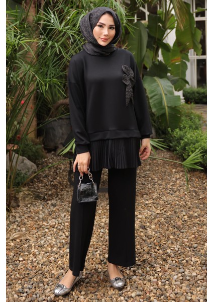 Siyah Etek Ucu Pileli Tunik Pantolonlu Takım modelleri