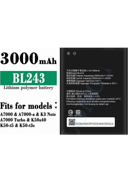 Lenovo BL243 Model K3 Note Batarya Pil 3.8V 2900MAH Lithium Battery BL243