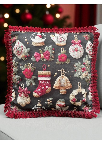 Yılbaşı Temalı Siyah Çorap Desenli Kırlent Kılıfı 40X40 cm