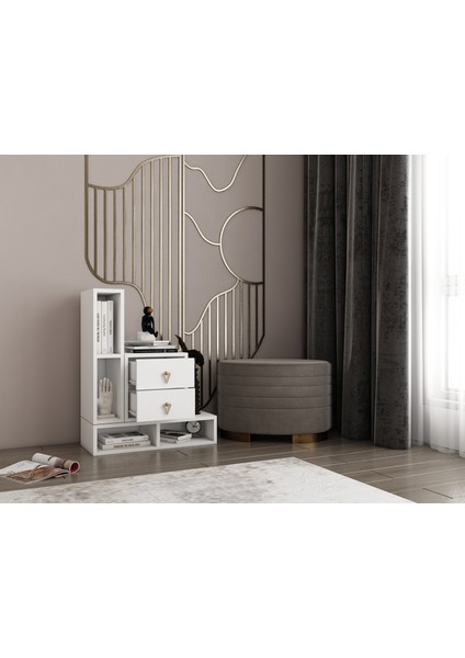 Modüler Depolama Çekmeceli Ofis Sehpası Kitaplıklı Yan Ünite Alt Raflı Konsol BEYAZ-PNR-OFS-S-1001
