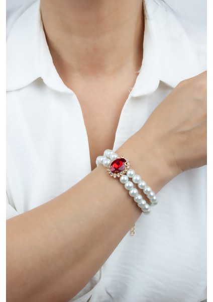 Kristal Taşlı Cam Inci Çift Sıralı Bileklik