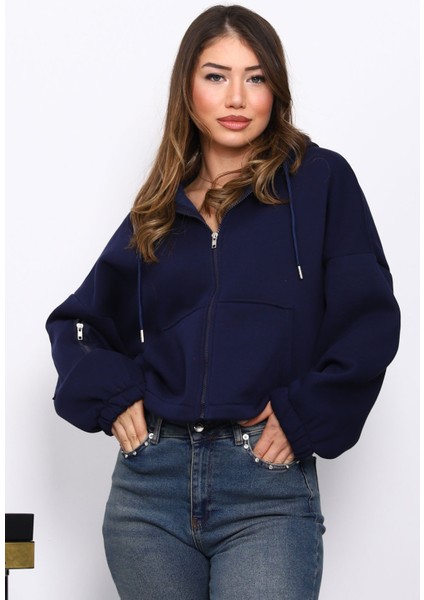 Lacivert Sağ Kol Fermuarlı Cepli Üç İplik Sweat Hırka