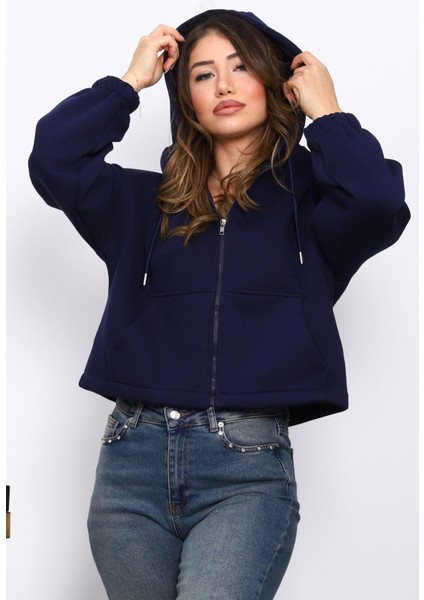 Lacivert Sağ Kol Fermuarlı Cepli Üç İplik Sweat Hırka modelleri