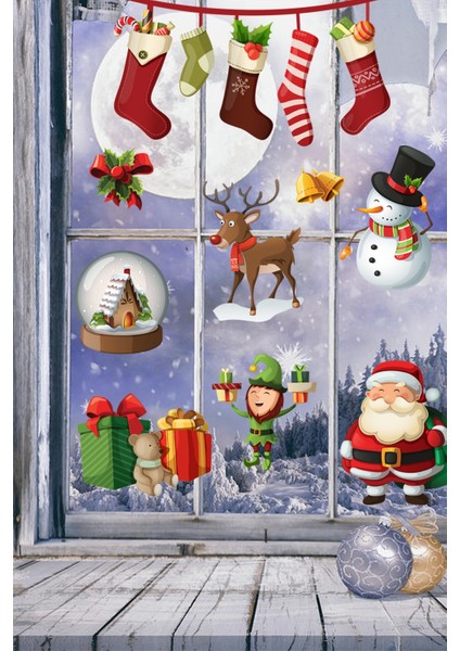 Renkli Noel Baba ve Arkadaşları Çocuk Odası Cam Süsleme Stickeri