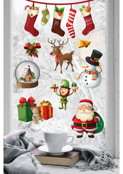 Renkli Noel Baba ve Arkadaşları Çocuk Odası Cam Süsleme Stickeri fiyatları