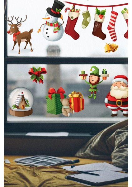 Renkli Noel Baba ve Arkadaşları Çocuk Odası Cam Süsleme Stickeri modelleri
