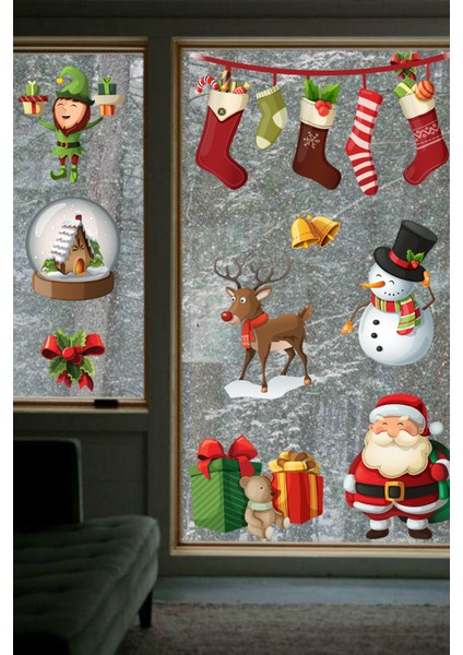 Renkli Noel Baba ve Arkadaşları Çocuk Odası Cam Süsleme Stickeri fırsatları