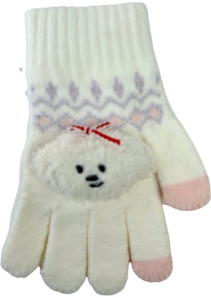 Spteks Kitti 4-8 Yaş Kız Çocuk Krem Renk Bulut Figürlü Kışlık Örme Eldiven modelleri