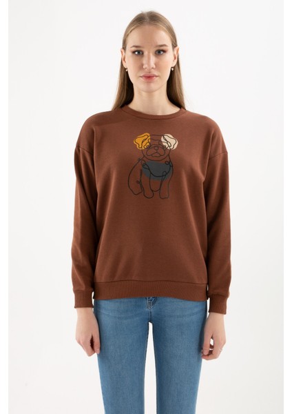 Kadın Bisiklet Yaka Baskılı Sweatshirt