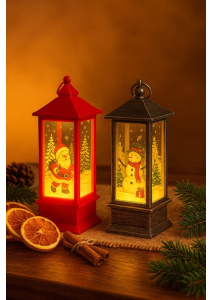 Işıklı Noel Feneri Seti, Noel Baba ve Kardan Adam Temalı, Dekoratif Yılbaşı Lambası