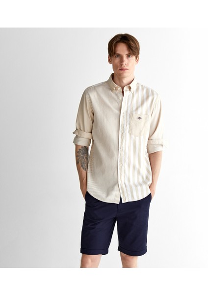 Erkek Bej Regular Fit Düğmeli Yaka Çizgili Gömlek