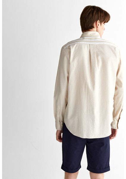 Erkek Bej Regular Fit Düğmeli Yaka Çizgili Gömlek fiyatları