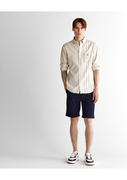 Erkek Bej Regular Fit Düğmeli Yaka Çizgili Gömlek modelleri