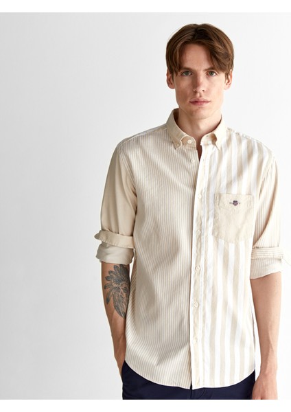 Erkek Bej Regular Fit Düğmeli Yaka Çizgili Gömlek fırsatları