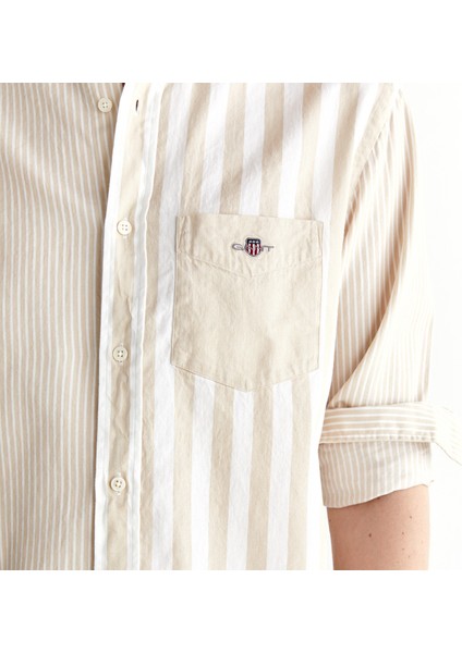 Erkek Bej Regular Fit Düğmeli Yaka Çizgili Gömlek indirimleri