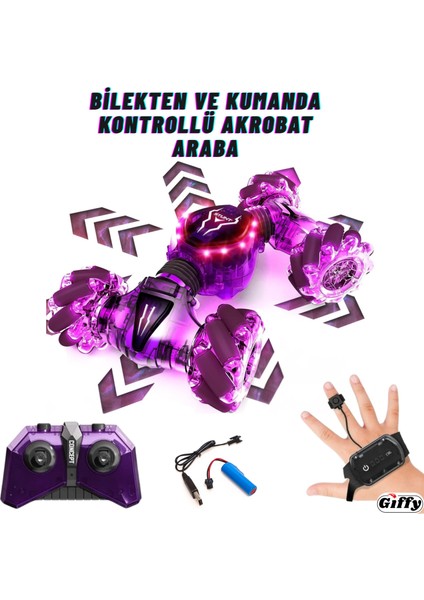 Oyuncak 2.4 Ghz Uzaktan ve Bilek Kumandalı Şarjlı LED Işıklı Full Fonksiyon Akrobat Drift Aracı