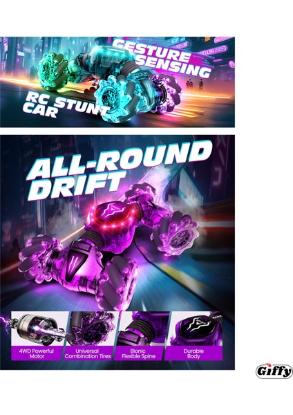 Oyuncak 2.4 Ghz Uzaktan ve Bilek Kumandalı Şarjlı LED Işıklı Full Fonksiyon Akrobat Drift Aracı