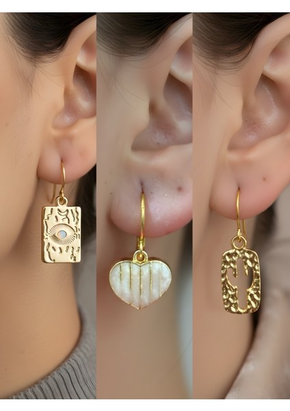 Göz Beyaz Kalp Kaktüs 3’lü Sembol Kadın Küpe Set