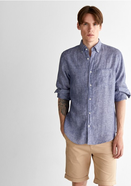 Erkek Mavi Regular Fit Düğmeli Yaka Keten Gömlek