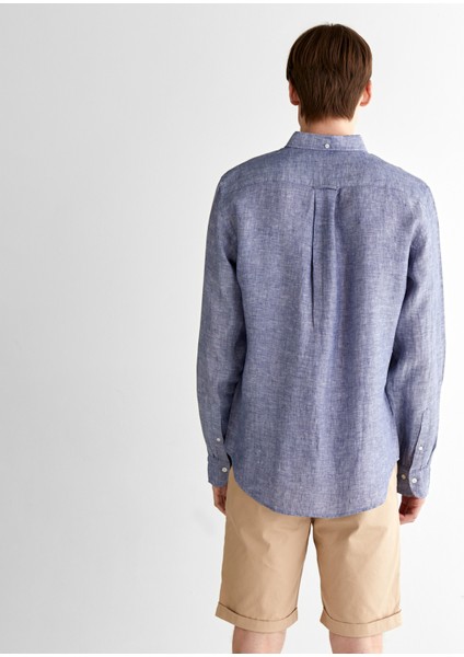 Erkek Mavi Regular Fit Düğmeli Yaka Keten Gömlek fiyatları
