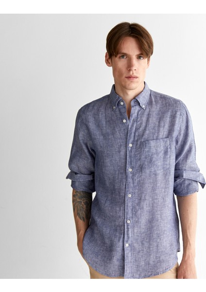 Erkek Mavi Regular Fit Düğmeli Yaka Keten Gömlek fırsatları